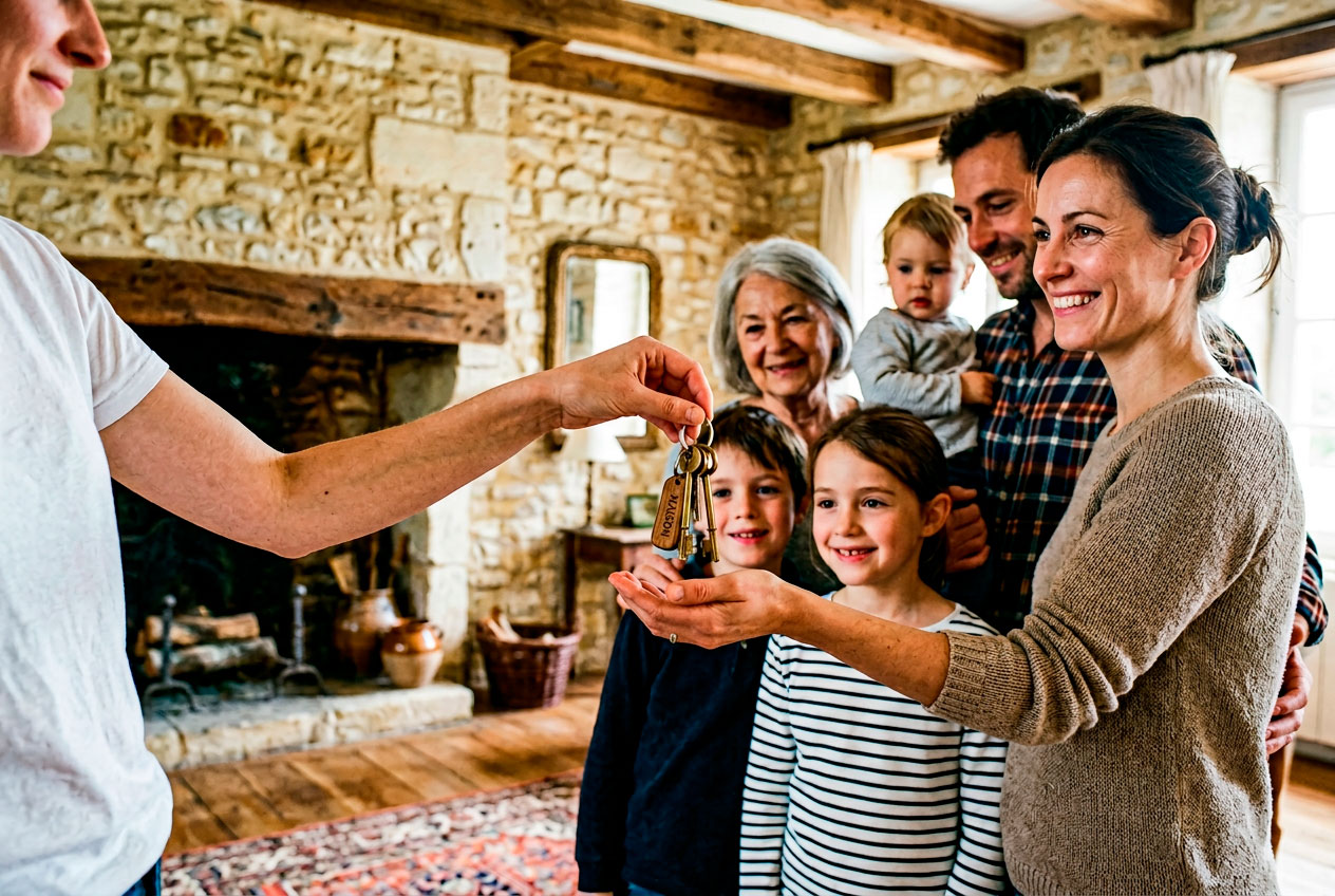 Remise de clés à des voyageurs dans une maison charentaise avec accueil en personne par une conciergerie à Saintes