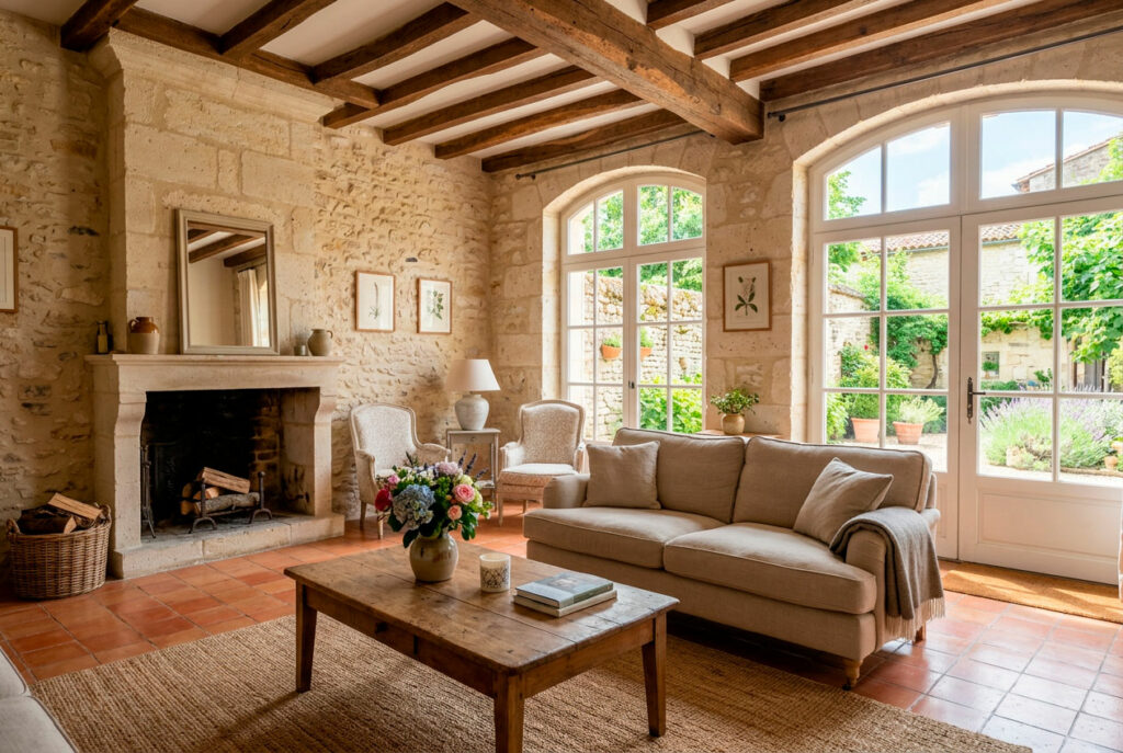 Salon d’une maison charentaise propre et bien entretenue, prêt pour une location saisonnière à Saintes